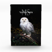 冬威厳のある雪フクロウモノグラム名前をカスタムする フォトブロック (正面)