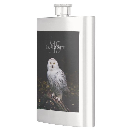 冬威厳のある雪フクロウモノグラム名前をカスタムする フラスク (左)
