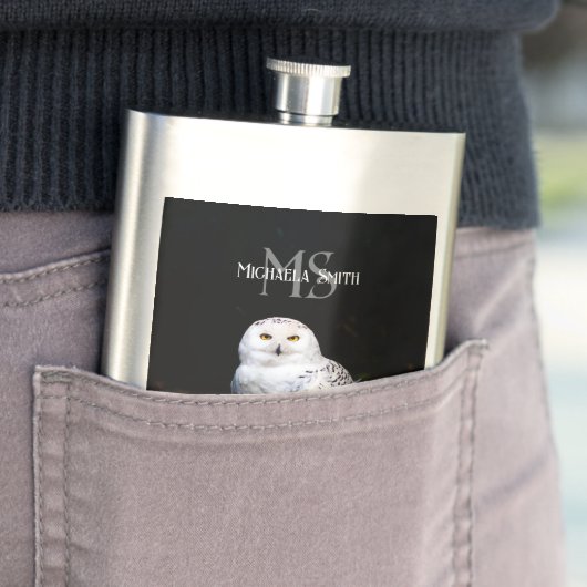 冬威厳のある雪フクロウモノグラム名前をカスタムする フラスク (インサイチュ)