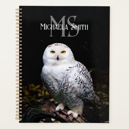 冬威厳のある雪フクロウモノグラム名前をカスタムする プランナー手帳 (正面)