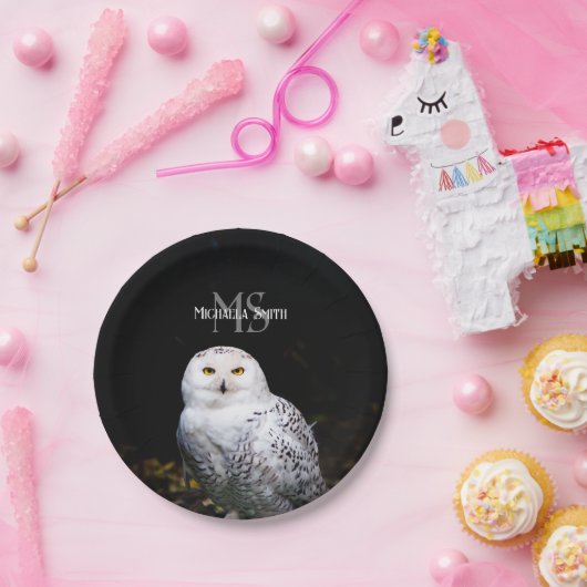 冬威厳のある雪フクロウモノグラム名前をカスタムする ペーパープレート (パーティー)