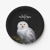 冬威厳のある雪フクロウモノグラム名前をカスタムする ペーパープレート (正面)