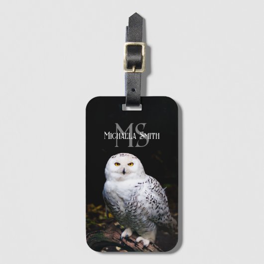 冬威厳のある雪フクロウモノグラム名前をカスタムする ラゲッジタグ (正面縦)