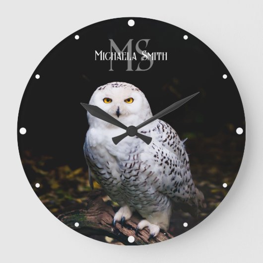 冬威厳のある雪フクロウモノグラム名前をカスタムする ラージ壁時計 (正面)