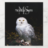 冬威厳のある雪フクロウモノグラム名前をカスタムする ワインラベル (シングルラベル)