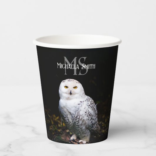 冬威厳のある雪フクロウモノグラム名前をカスタムする 紙コップ (正面)