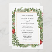 冬季エバーグリーン金ゴールド結婚フレーム 招待状 (正面/裏面)
