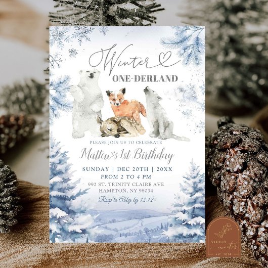 冬季オーネダーランド北極動物第1誕生日 招待状