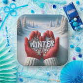 冬文字付き赤い手袋 ペーパープレート (パーティー)