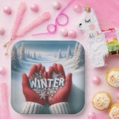 冬文字付き赤い手袋 ペーパープレート (パーティー)