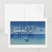 冬日本の夜魚釣りシーンハガキ ポストカード (正面/裏面)