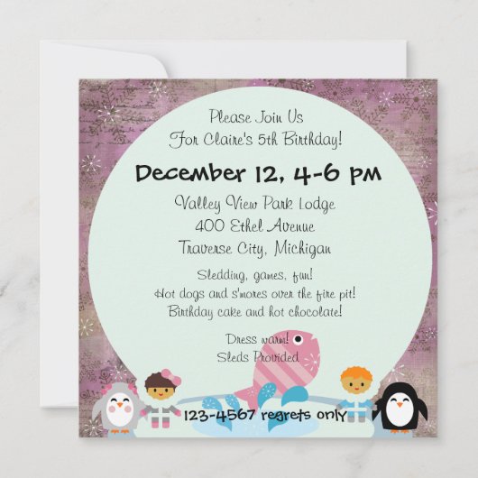 冬期おもしろいカスタマイズ誕生日招待状 招待状 (裏面)
