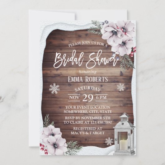 冬期フローラ素朴ヴィンテージ灯ブライダルシャワー 招待状 (正面)
