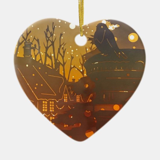 冬村の夜のシーン セラミックオーナメント (正面)