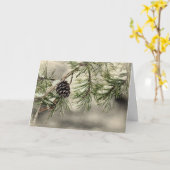 冬松の円錐と雪の挨拶カード カード (黄色い花)
