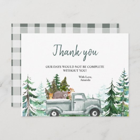 冬松の木の動物のトラックサンキューカード サンキューカード (正面/裏面)