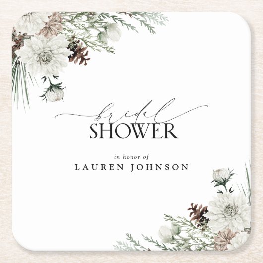 冬植物緑エレガントブライダルシャワー スクエアペーパーコースター (正面)