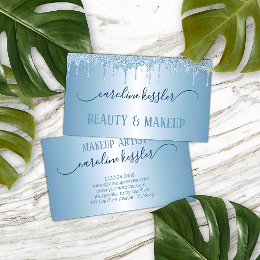 冬氷スカイブルーシルバーグリッタースパークルスドリップ 名刺