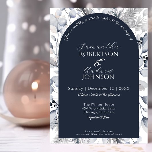 冬海軍エレガントブルーボタニカルアーチ結婚ズ 招待状