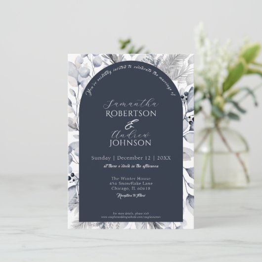 冬海軍エレガントブルーボタニカルアーチ結婚ズ 招待状 (スタンド正面)