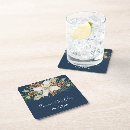 冬海軍ブルーエレガントスクリプ結婚ト スクエアペーパーコースター (インサイチュ)