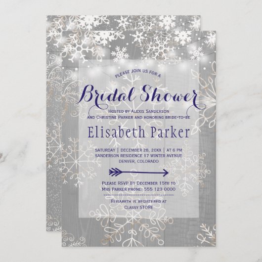冬海軍ホワイトワンダーランド雪の降りブライダルシャワー 招待状 (正面/裏面)