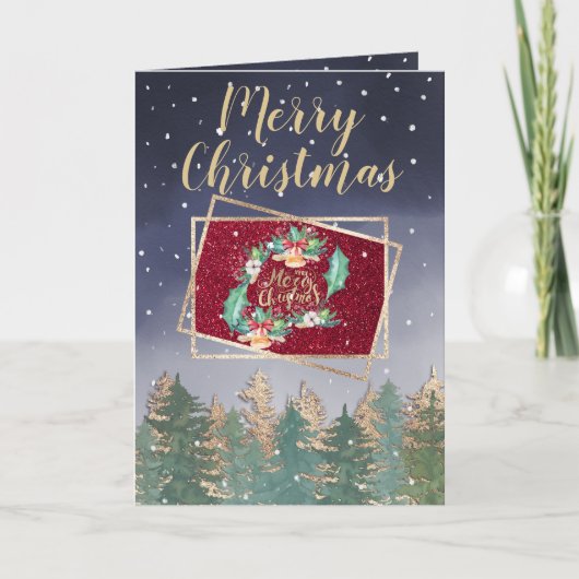 冬海軍レッドウォーター色の雪の木クリスマス カード (正面)