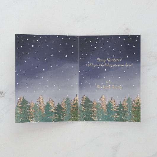 冬海軍レッドウォーター色の雪の木クリスマス カード (内部)