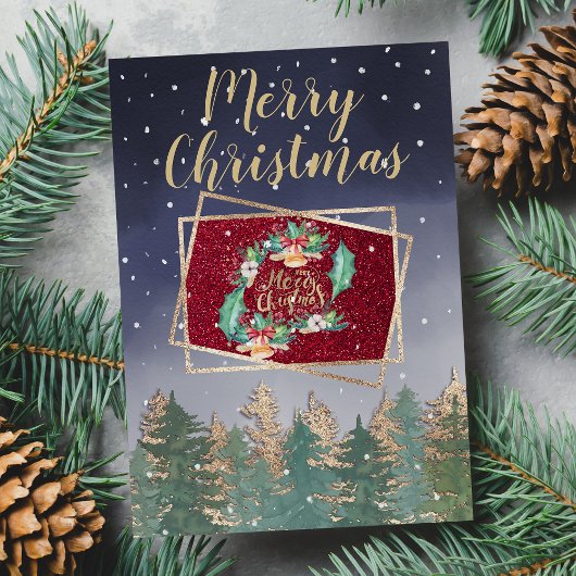 冬海軍レッドウォーター色の雪の木クリスマス カード