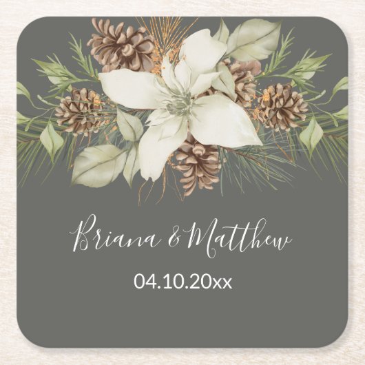 冬灰色エレガントスクリプ結婚ト スクエアペーパーコースター (正面)
