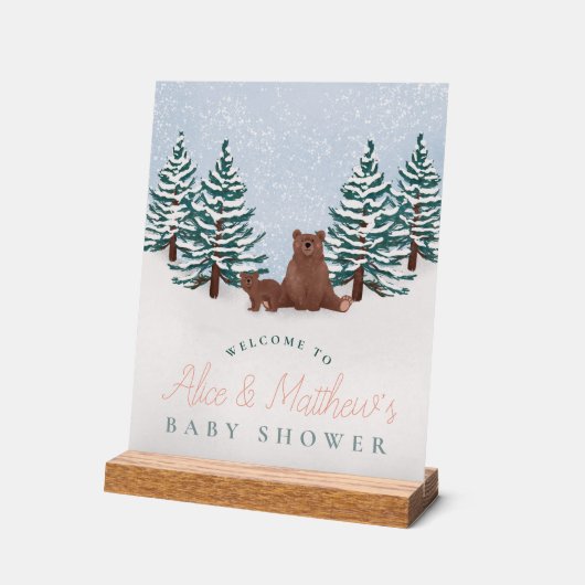 冬熊エレガント赤ちゃんシャワー歓迎サイン アクリルサイン (傾斜)
