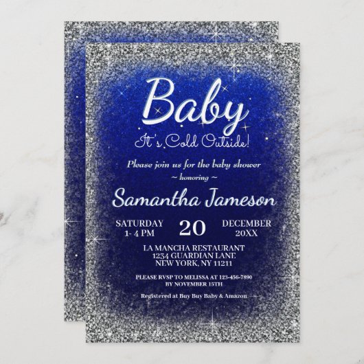 冬男の赤ちゃんブルーシルバーベビーシャワーグリッター 招待状 (正面/裏面)