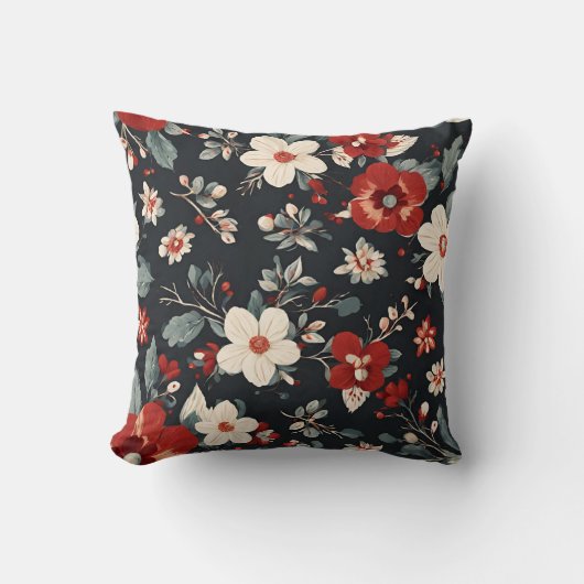 冬白と赤の花、灰色の青離れ色 クッション (正面)
