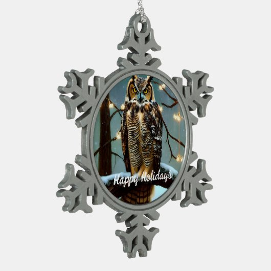 冬素晴らしに角のフクロウ スノーフレークピューターオーナメント (左)