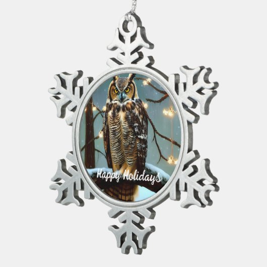 冬素晴らしに角のフクロウ スノーフレークピューターオーナメント (右)