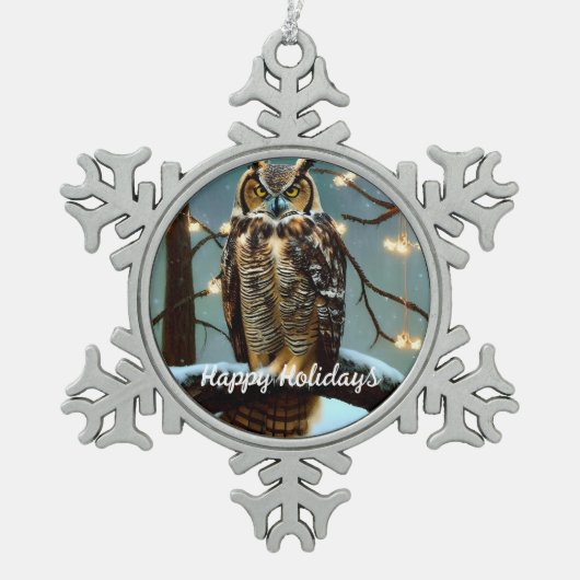冬素晴らしに角のフクロウ スノーフレークピューターオーナメント (正面)