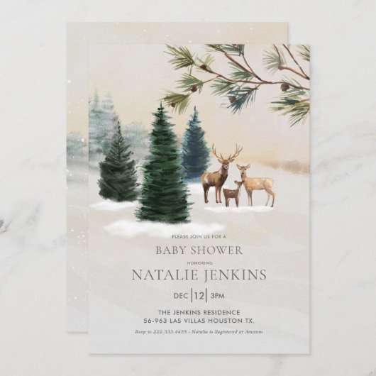 冬素朴のウッドランド男女兼用の赤ちゃんシャワー 招待状 (正面/裏面)