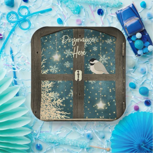 冬素朴のキャビン窓の星、雪の結晶 ペーパープレート (パーティー)