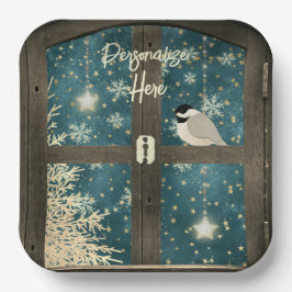 冬素朴のキャビン窓の星、雪の結晶 ペーパープレート