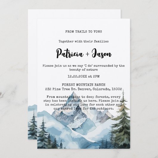 冬素朴の森の山のアウトドア結婚ジー 招待状 (正面/裏面)