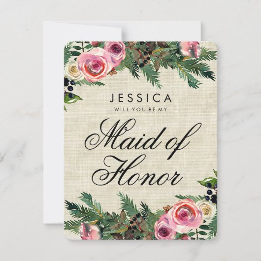 冬素朴の黄麻布が私のメイド・オブ・オーナー(花嫁付き添い人) 招待状 (正面)