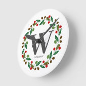 冬素朴クリスマスモノグラムイニシャルリース ラウンド壁時計 (傾斜)