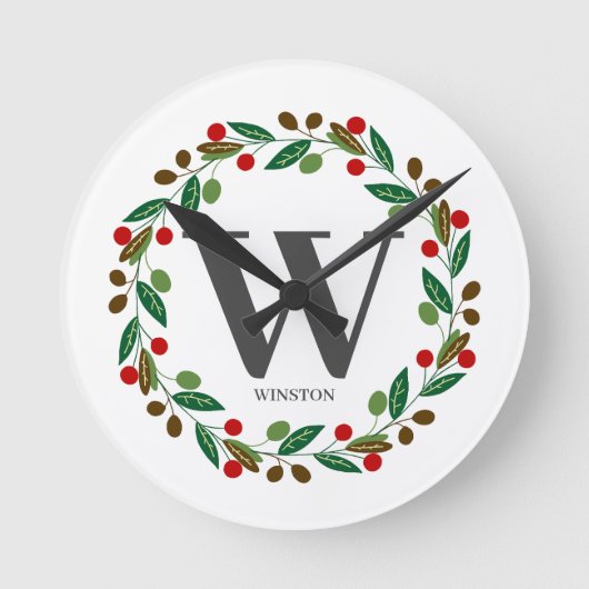 冬素朴クリスマスモノグラムイニシャルリース ラウンド壁時計 (正面)