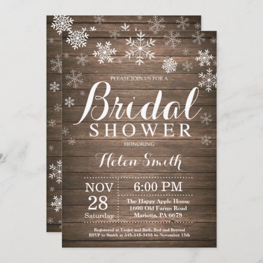 冬素朴ブライダルシャワースノーフレーク招待状 招待状 (正面/裏面)