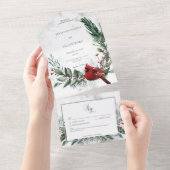 冬素朴リース&レッド（鳥）ショウジョウコウカンチョウ詳細 オールインワン招待状 (貼ってはがせる)