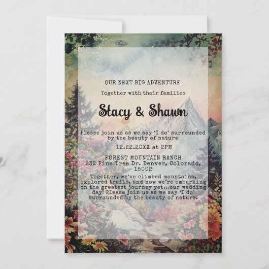 冬素朴松の木の山の屋外結婚の 招待状 (正面)