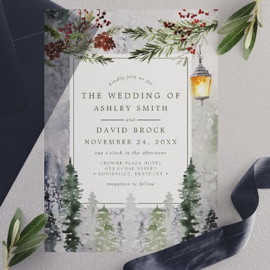 冬素朴松植物灯結婚灯 ベラム紙招待状