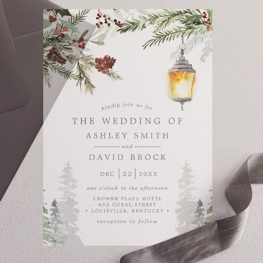 冬素朴松植物灯結婚灯 ベラム紙招待状