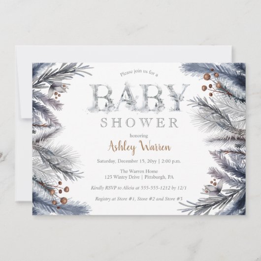 冬素朴松 |ベリーフローラ赤ちゃんシャワー 招待状 (正面)