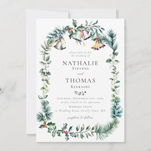 冬素朴植物性リースベルズパイン結婚ズ 招待状 (正面)